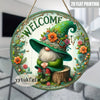 2D flat printing of a handcrafted wooden garden gnome welcome sign featuring a green witch hat and beard