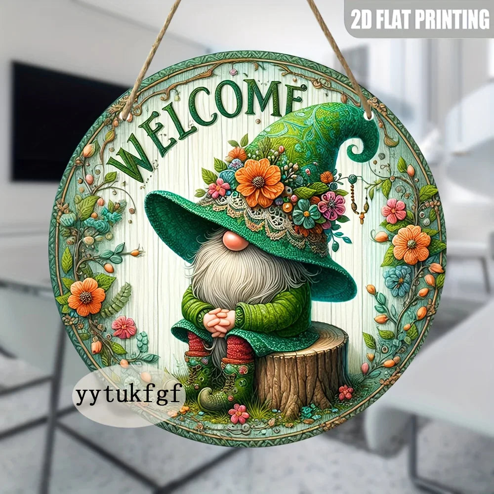 2D flat printing of a handcrafted wooden garden gnome welcome sign featuring a green witch hat and beard