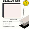 A sheet of flexible magnetic material with a protective paper layer and adhesive layer shown next to its dimensions.