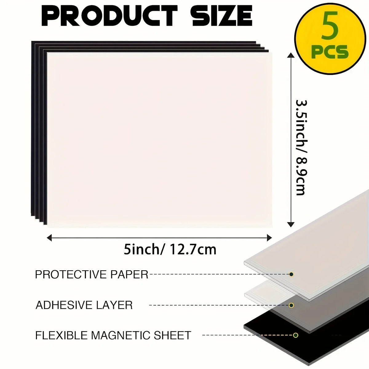 A sheet of flexible magnetic material with a protective paper layer and adhesive layer shown next to its dimensions.