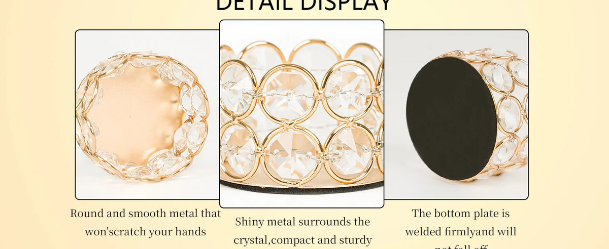 Detail display showing a round gold metal candle holder, a crystal surround, and a black bottom plate.