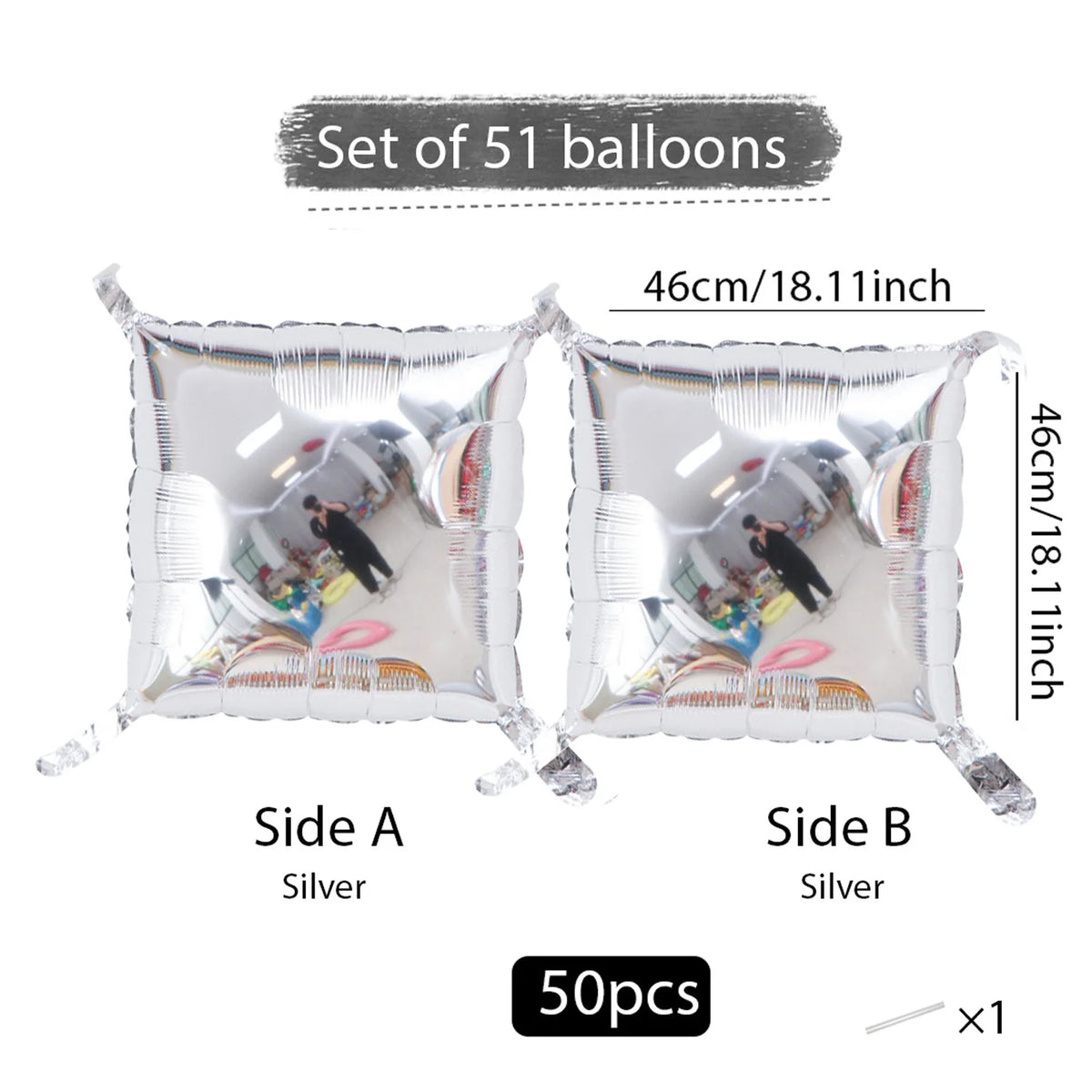 Set of 51 silver double-sided square foil balloon wall panels, measuring 46cm/18.11inch.