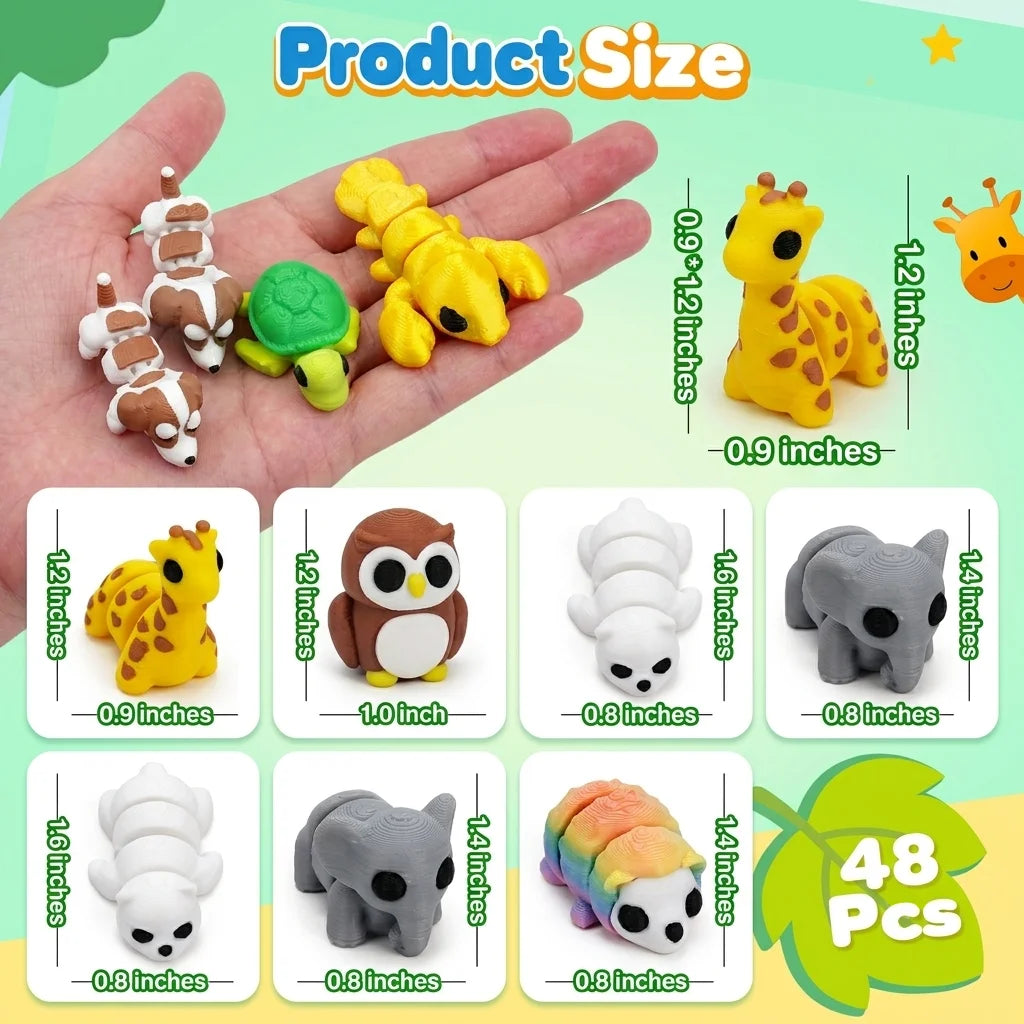 A set of multi-animal 3D printed figurine ornaments in various colors and sizes, including a yellow giraffe, orange monkey, a