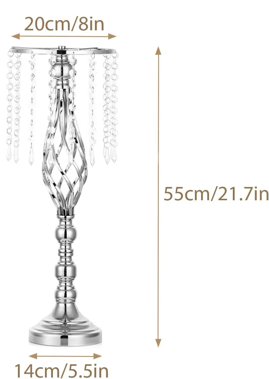 Silver crystal vase set with hanging chains and a flared base