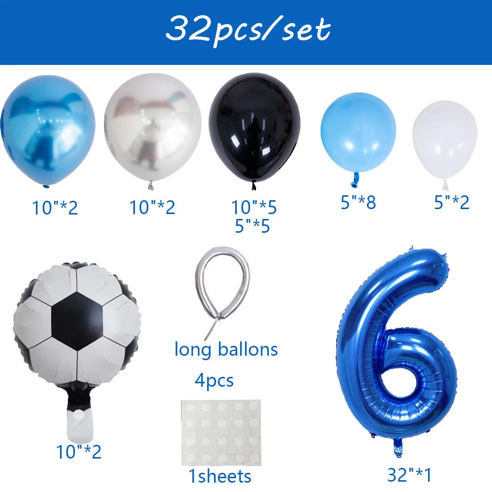 A set of 32 balloons including various colors and sizes, plus a football balloon and number foil balloons.