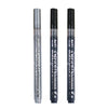 Three black acrylic paint pens with silver caps standing vertically.