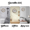 Decorative wooden wall clock in a round frame with Roman numerals shown in bathroom, kitchen, and living room settings.