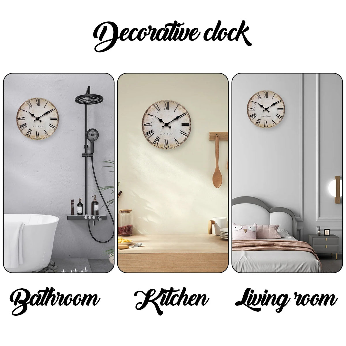 Decorative wooden wall clock in a round frame with Roman numerals shown in bathroom, kitchen, and living room settings.