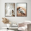 Two framed canvas wall art pieces depicting Jesus and a woman, featuring soft, muted tones.