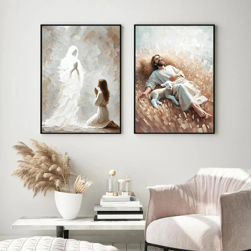 Two framed canvas wall art pieces depicting Jesus and a woman, featuring soft, muted tones.