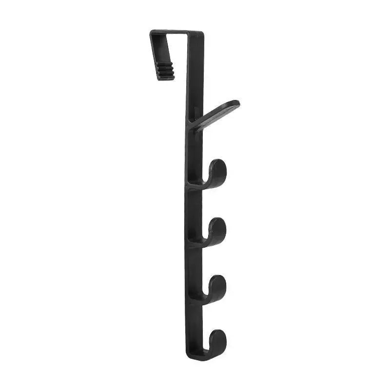 A black over-the-door hook rack designed for hanging bags, hats, and scarves.