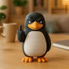 A black and white penguin desk statue with an orange raised flipper, standing on a wooden surface.