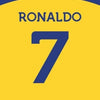 A graphic design featuring the name RONALDO and the number 7 in blue on a yellow background.