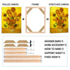 Set of wooden bars, hooks, and support sheets for creating stretched canvas art.