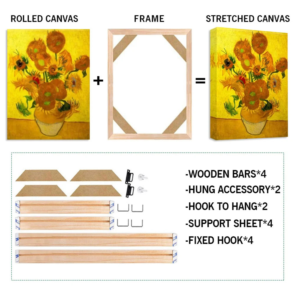 Set of wooden bars, hooks, and support sheets for creating stretched canvas art.