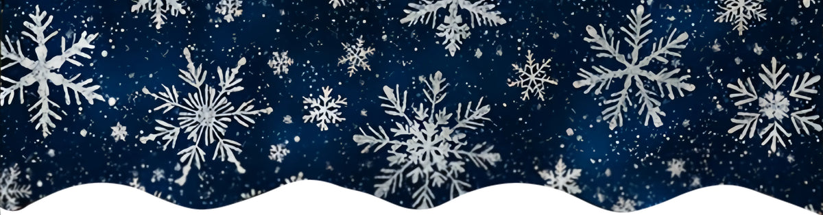 A dark blue background decorated with white snowflakes and falling snow, suggesting a festive Christmas theme.