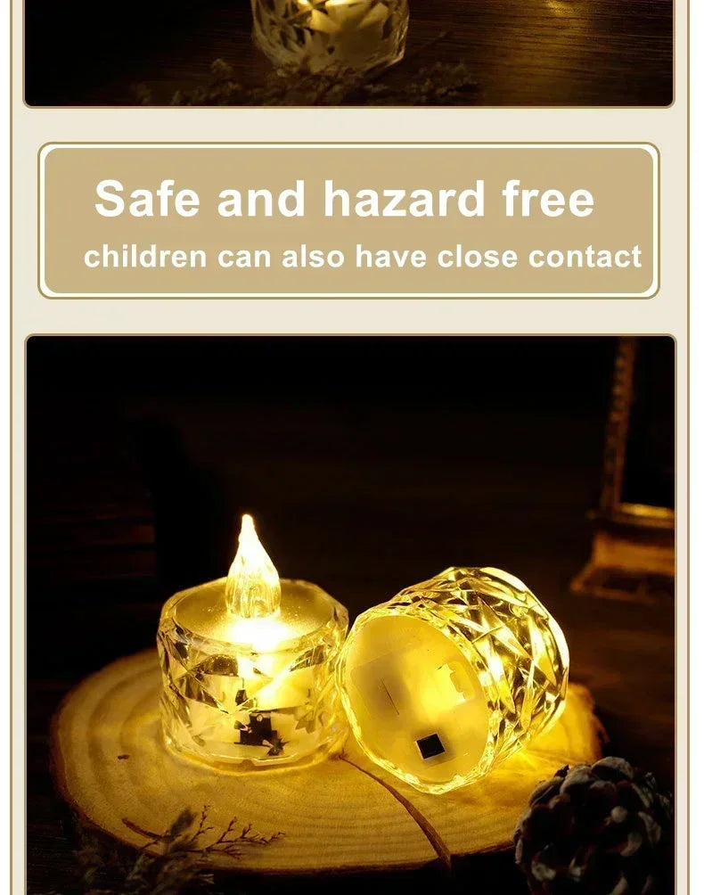 A set of glowing LED crystal candles on a wooden surface, demonstrating safe and hazard-free close contact for children.