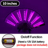 Purple multi-mode LED party fan with 10 inches of light, showing an on/off function and battery requirements.