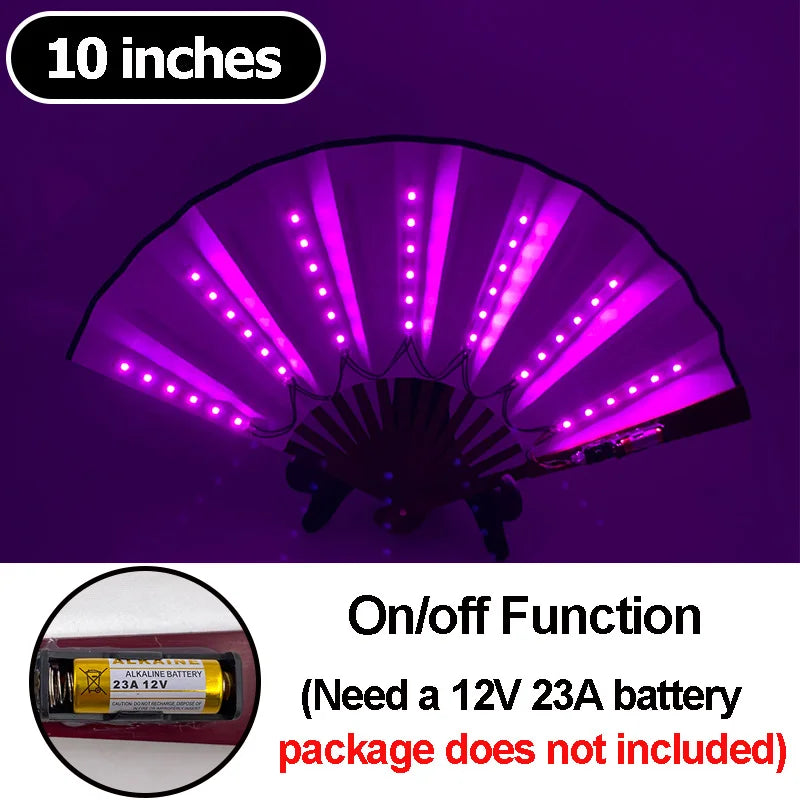Purple multi-mode LED party fan with 10 inches of light, showing an on/off function and battery requirements.