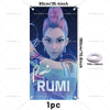 Anime demon hunter party backdrop featuring a female character with purple hair and the name RUMI