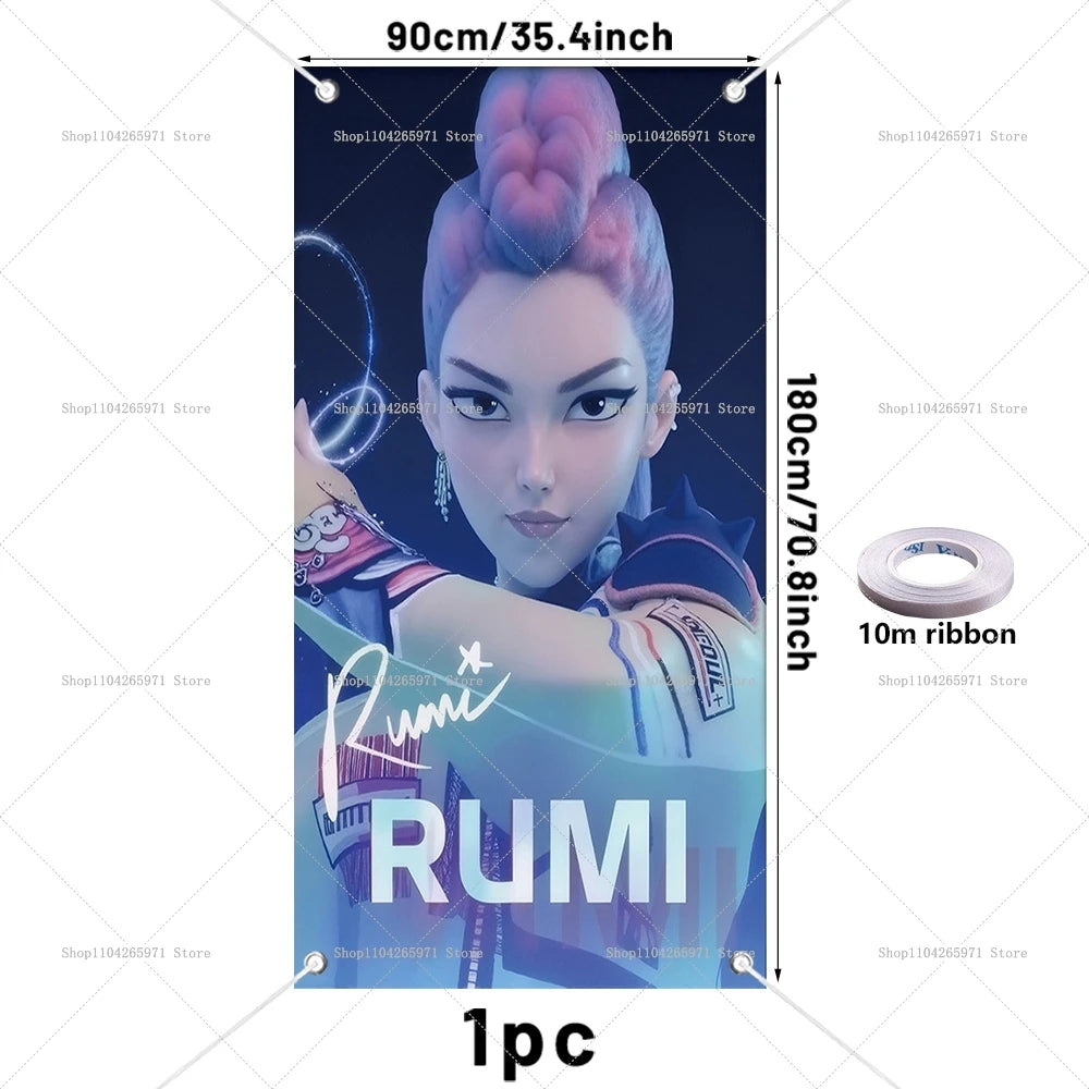 Anime demon hunter party backdrop featuring a female character with purple hair and the name RUMI