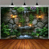 A wall tapestry featuring a stone waterfall and lush green plants with illuminated lanterns.