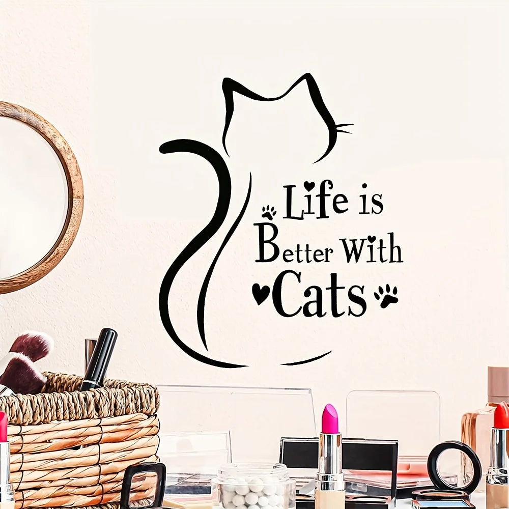 Cat Silhouette Wall Decal with 'Life Is Better with Cats' Quote