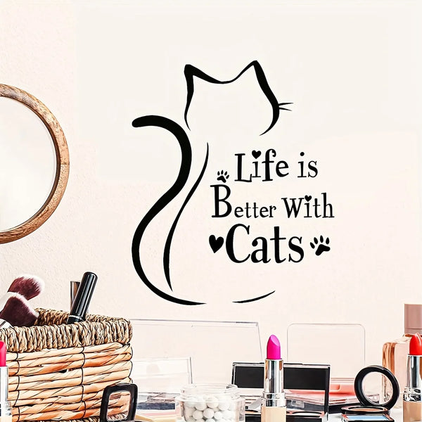 Black cat silhouette wall decal featuring the quote Life is Better with Cats