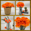 A collection of vibrant orange silk marigold flowers arranged in various decorative vessels.