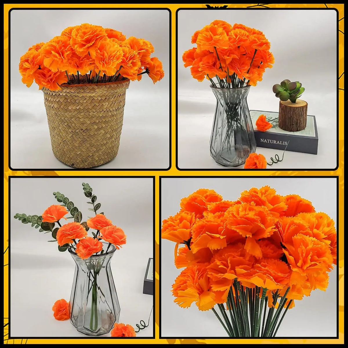 A collection of vibrant orange silk marigold flowers arranged in various decorative vessels.