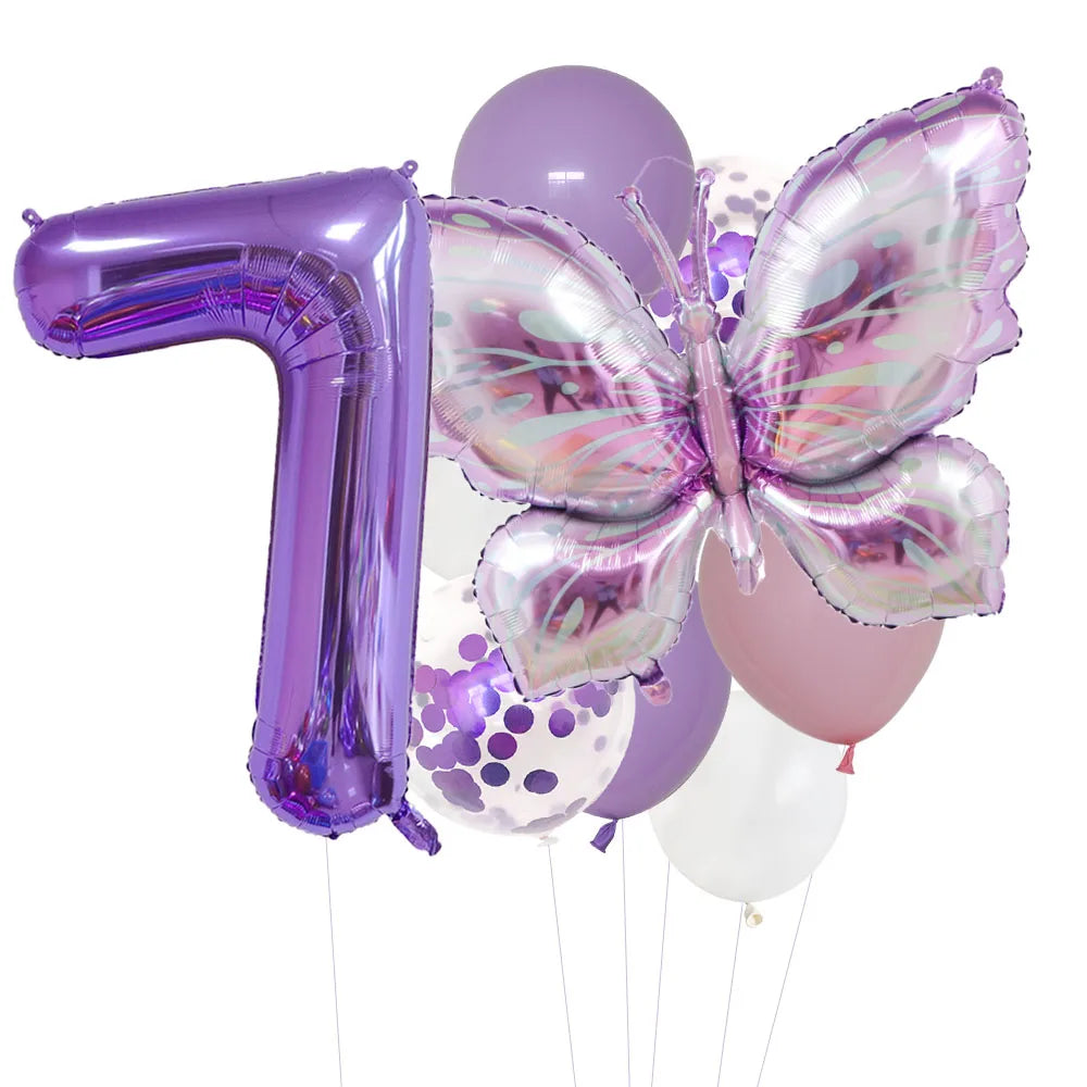 A set of purple foil balloons shaped like the number 1 and a butterfly
