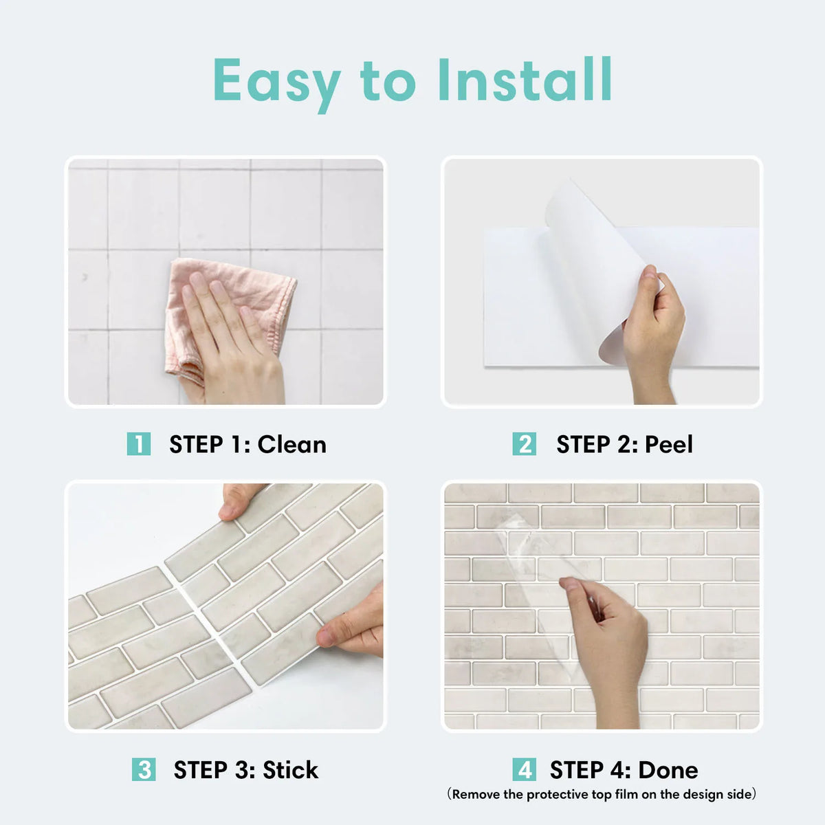Instructions for installing glossy peel-and-stick tile wall stickers in four steps