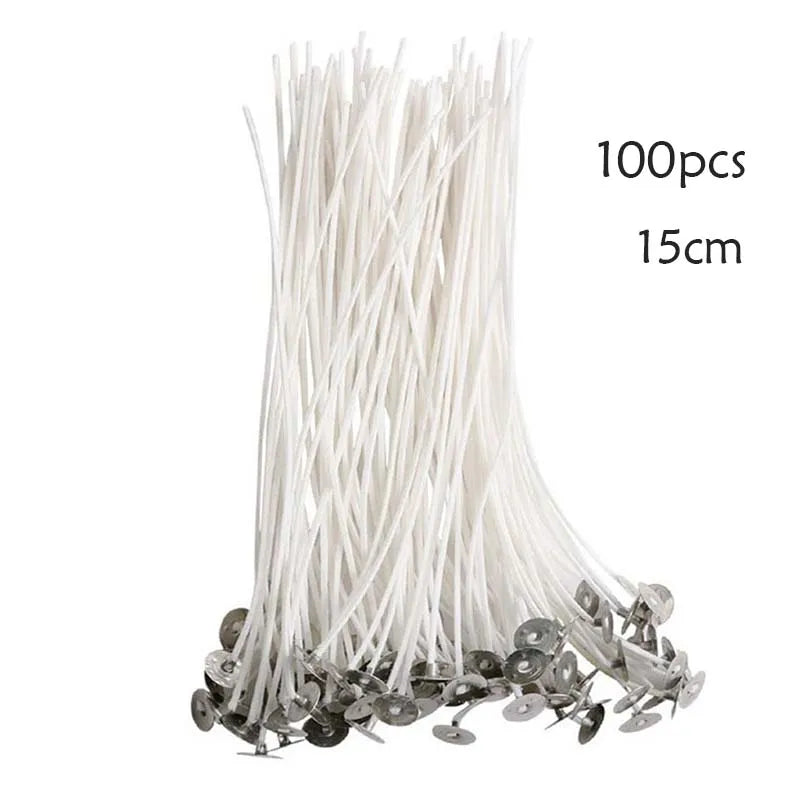 A bundle of 100 clear white braided cotton candle wicks, 15cm long.