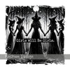 A black and white illustration of three witches with pointed hats standing in a dark forest under a full moon.