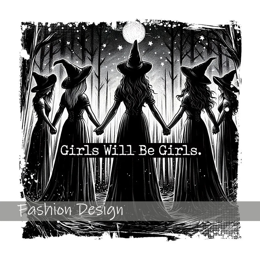 A black and white illustration of three witches with pointed hats standing in a dark forest under a full moon.