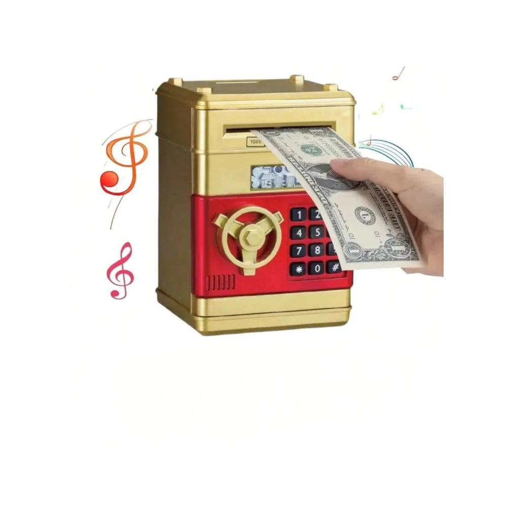 A hand is inserting a stack of US currency into an ATM-style piggy bank with an electronic lock.