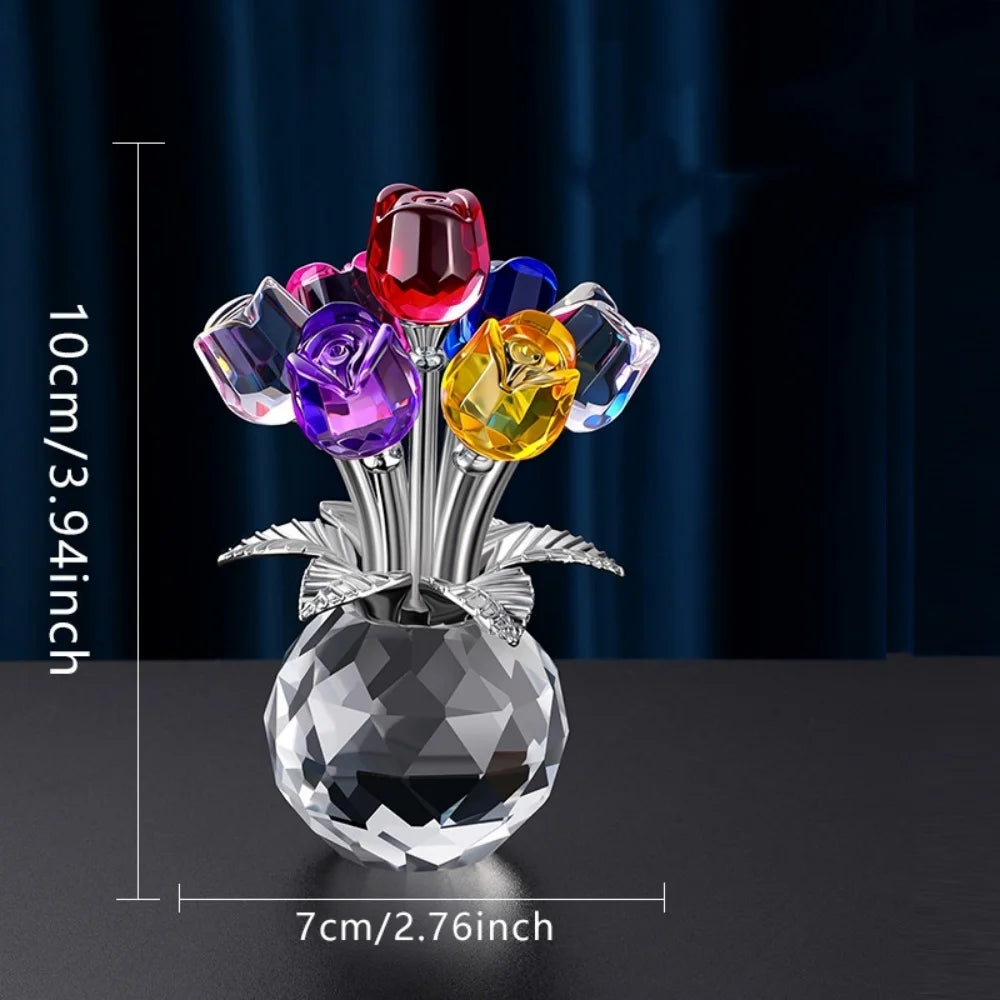 A crystal rose decorative flower arrangement featuring colorful glass roses on a clear base.