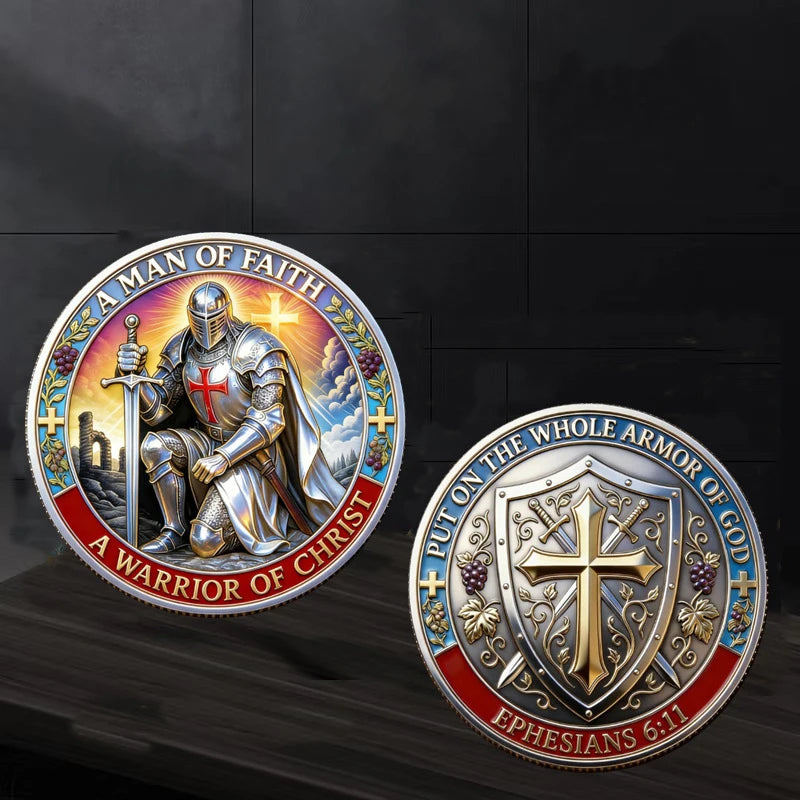 A commemorative coin depicting a warrior of Christ and the phrase Put On the Whole Armor of God
