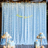 Elegant blue fabric party backdrop curtains with twinkling lights and a happy birthday banner