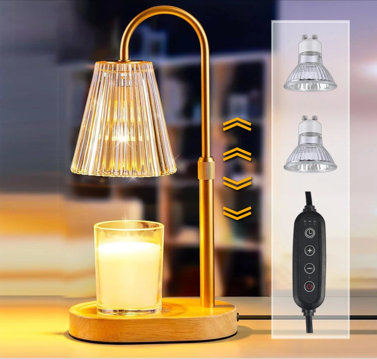 Vintage Elektrizitäts-Wax-Melt-Kerzenwarmer mit Glas-Schirm und Holzbasis, der eine Kerze beleuchtet.