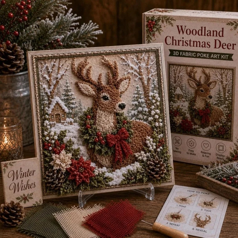 A framed Christmas 3D fabric poke art kit featuring a deer in a winter forest scene with snow and greenery.
