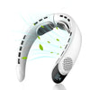 A white portable neck fan with a mesh grille and a digital display is shown in profile.
