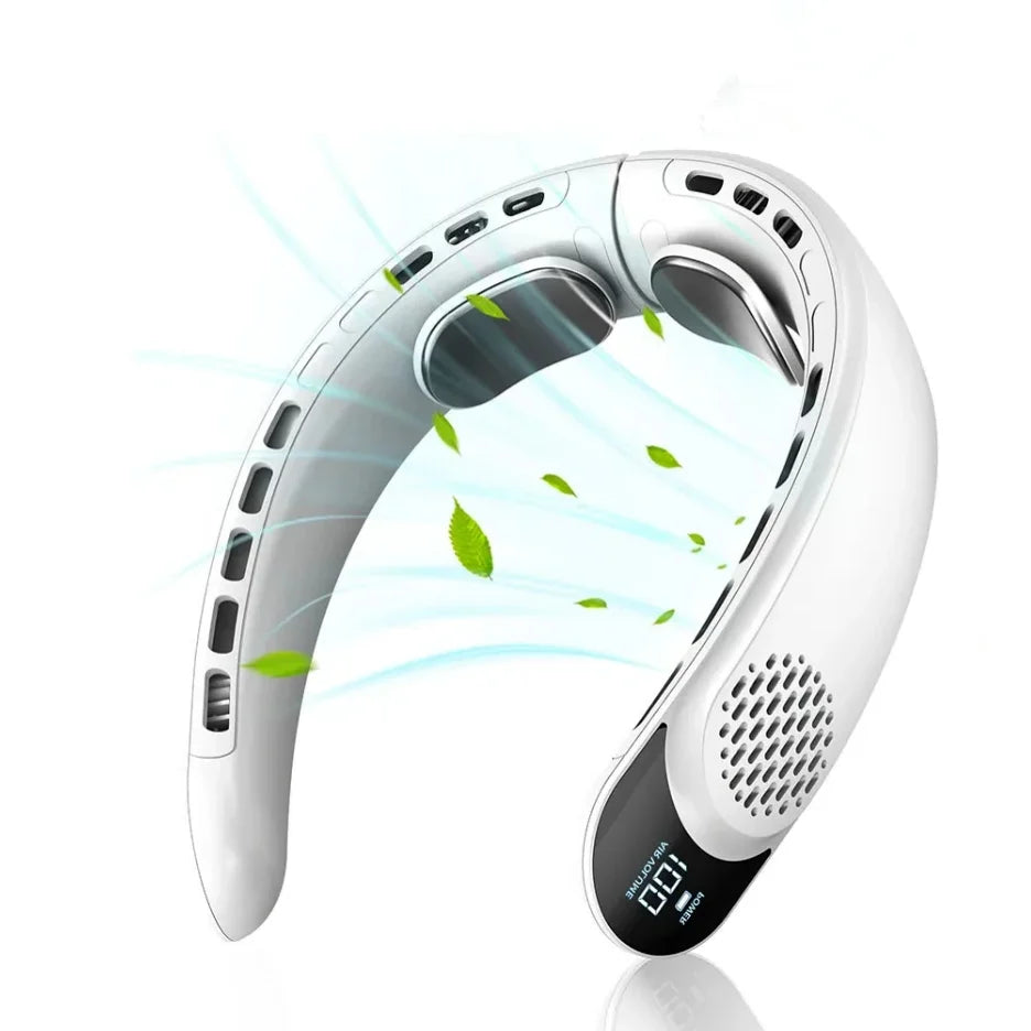 A white portable neck fan with a mesh grille and a digital display is shown in profile.
