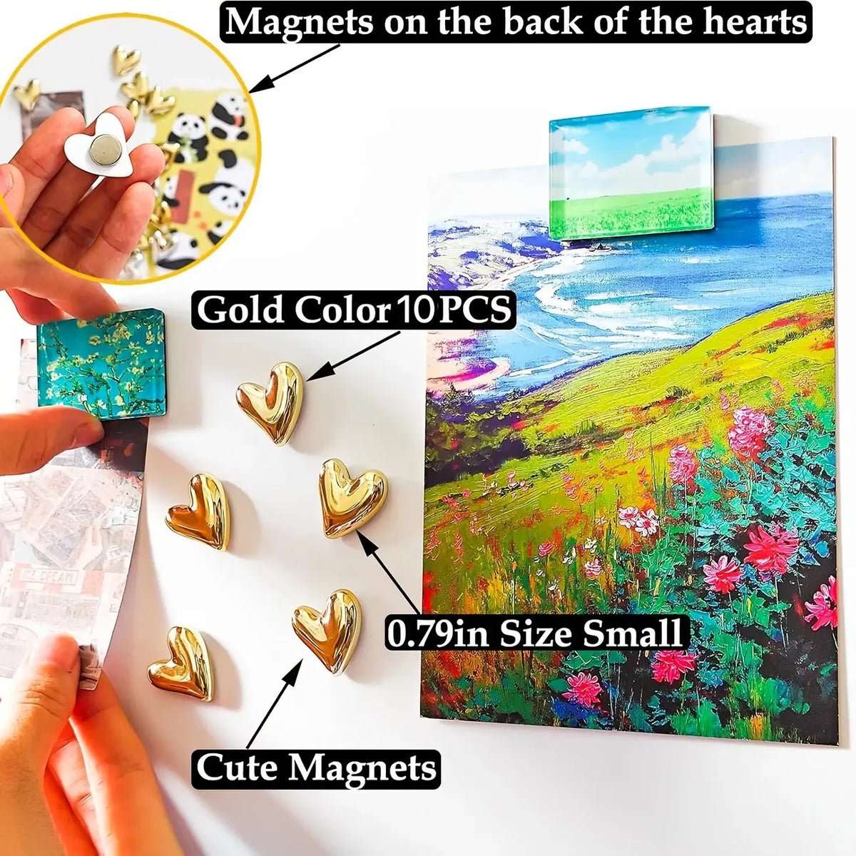 A set of gold heart fridge magnets and a teal magnet displayed on a colorful painted background.