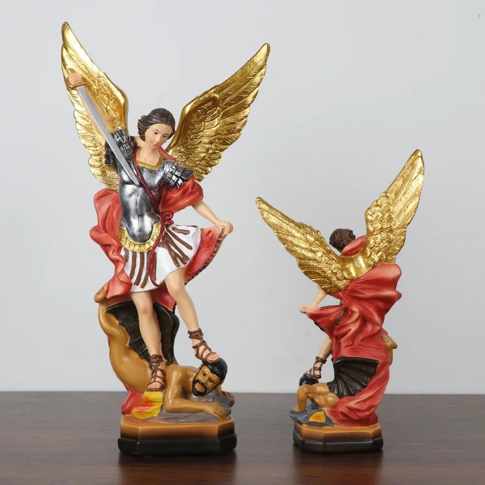 Resin statue of Saint Michael the Archangel with golden wings and armor