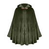 A dark olive green velvet hooded cloak with a pink accent bow.