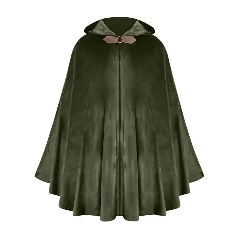 A dark olive green velvet hooded cloak with a pink accent bow.