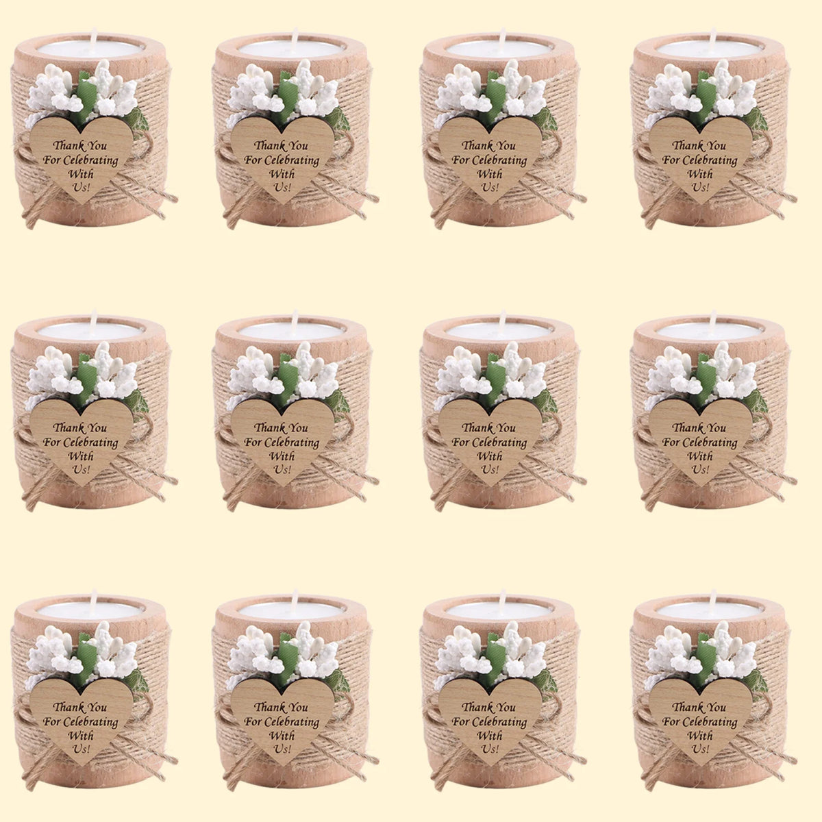 Wooden Tealight Candle Holders with Heart-Shaped Tags — Wedding & Baby Shower Favors