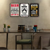 Three vintage metal tin signs featuring humorous sayings about beer and drinking for wall decor