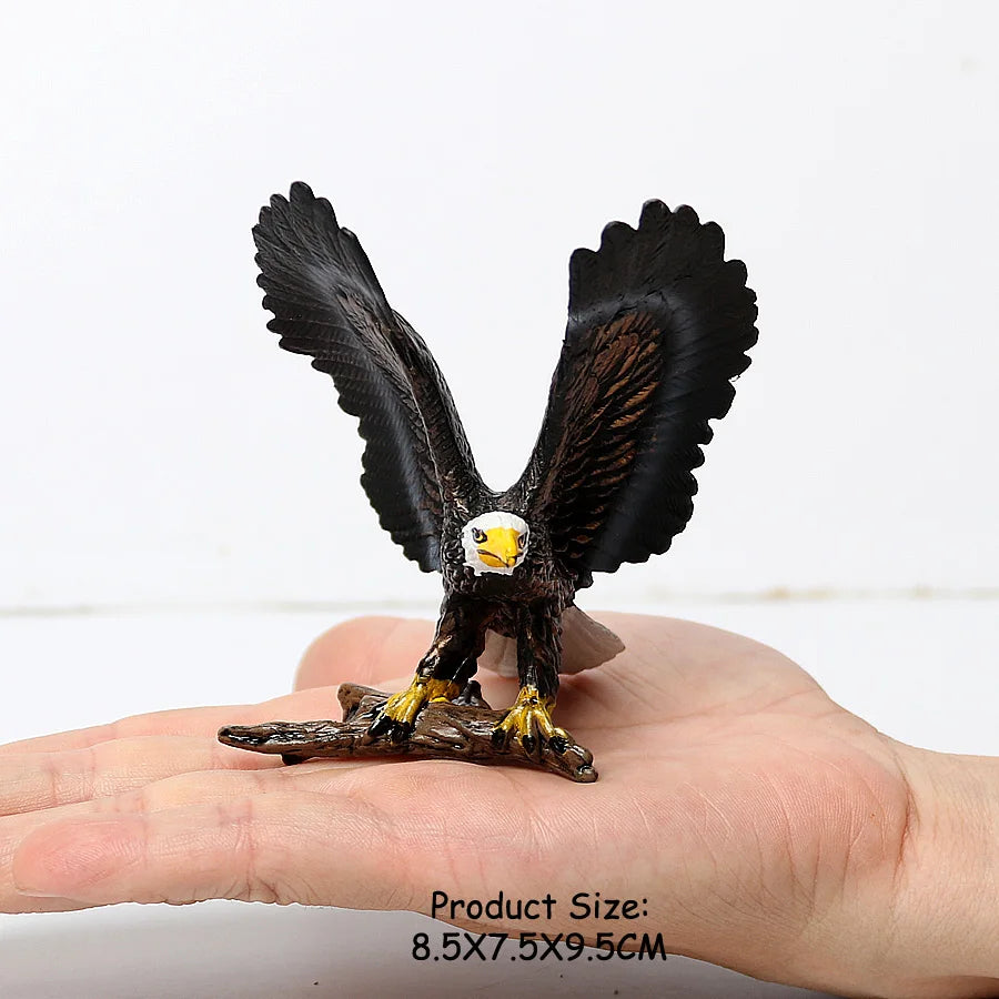 A realistic figurine set featuring an owl, vulture, and bald eagle perched on a branch.
